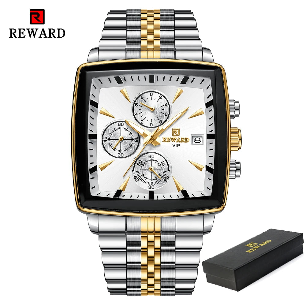 REWARD Fashion Square Dial Watch for Men Stainless Steel Waterproof Quartz Chronograph Mens Watches Luxury Sport Male Clock - Sun Studio