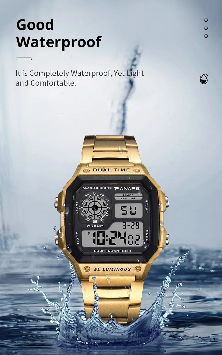 PANARS Top Luxury Stainless Steel Strap Sport Watches Mens Waterproof Back Light Digital Wristwatch Male Alarm - Sun Studio