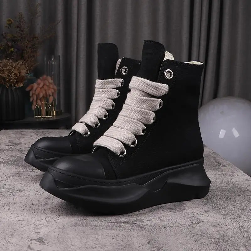 Men Women High-TOP Shoes Casual Canvas Platform Heel Sneakers Luxury Designer Jumbo Lace Up Zip Autumn Black Boots - Sun Studio