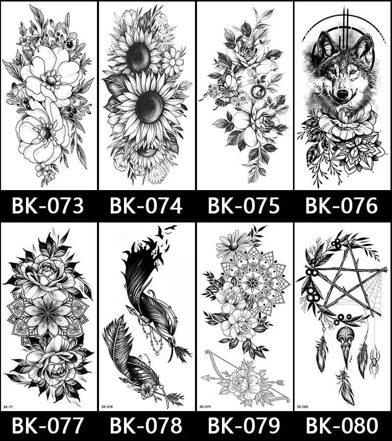 Rose Blossom Tattoo Temporary Waterproof Butterfly Fake Tattoo for Woman Black Flower Sketch Tattoo Sticker - Sun Studio