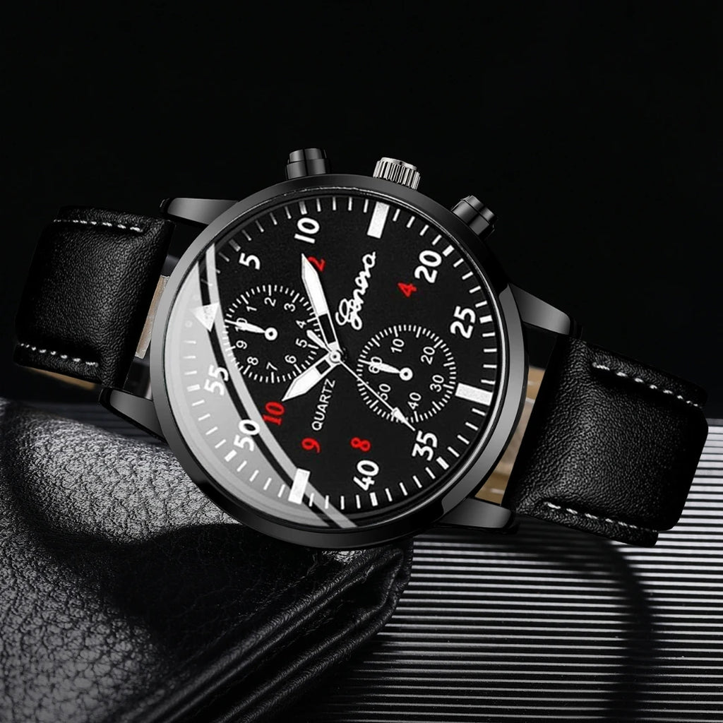 4PCS Fashion Men Business Watches Jewelry Set Casual Arabic Dial Male Leather Strap Quartz Wristwatch Reloj Hombre (Without Box) - Sun Studio