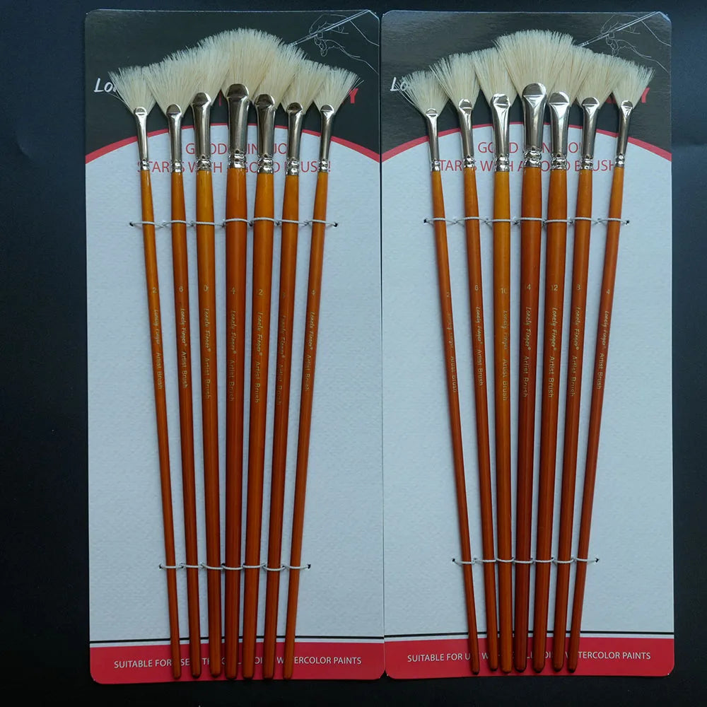 7/14pcs Fan Artist Bristle Paint Brush Set Natural Hog Bristle Hair Anti-Shedding Brush Tips Long Wooden Handle For Acrylic - Sun Studio