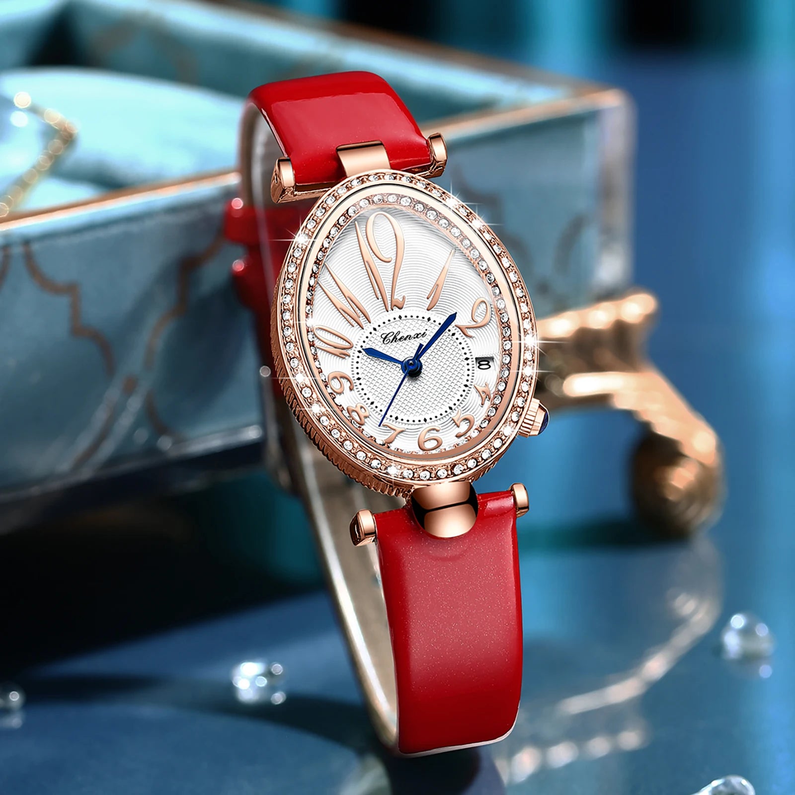 Luxury Watch For Women Diamond Waterproof Quartz Ladies Watches Fashion Elegant Oval Calendar Wristwatche Leather Strap - Sun Studio