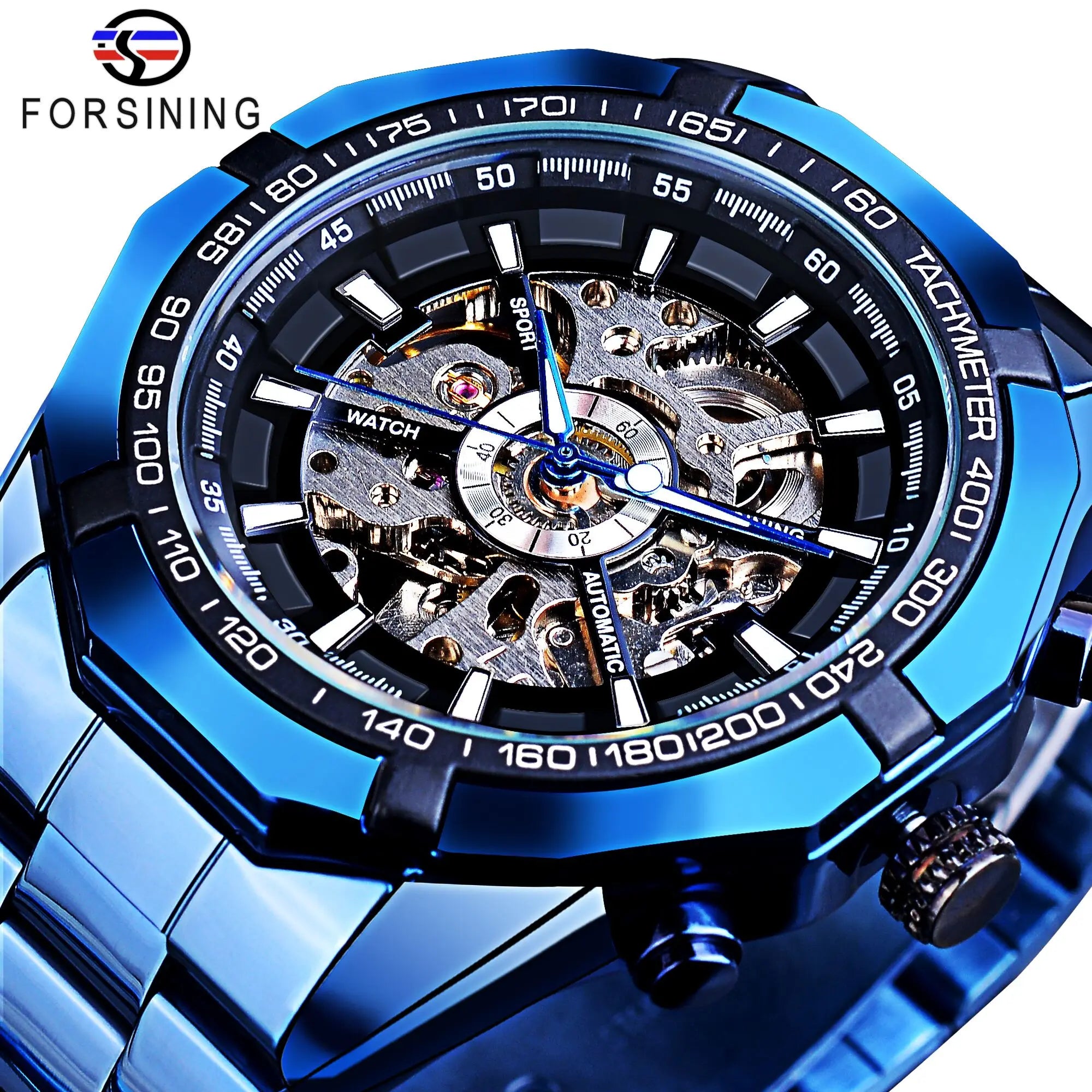 Forsining 2021 Stainless Steel Waterproof Mens Skeleton Watches Top Brand Luxury Transparent Mechanical Sport Male Wrist Watches - Sun Studio