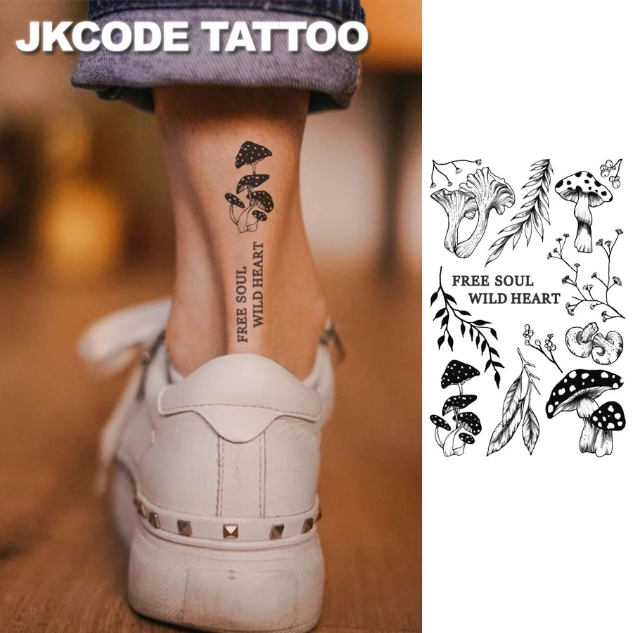 Forest Mushroom Themed Tattoo Minimal Tattoo-Herbal Tattoo Stickers Ins Style-Mushroom, Leaf, Branch, and Flower Pattern Tattoo-Cute Tattoo Fashion Accessories for Girls Women's Finger, Hand, and Neck Tattoo Long-Lasting Wate - Sun Studio