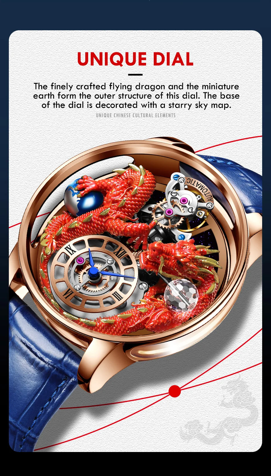 PINDU Design New 3D Dragon Earth Theme Quartz Watches Men Celestial Series Curved Mirror Transparent Design Watch Wristwatches - Sun Studio