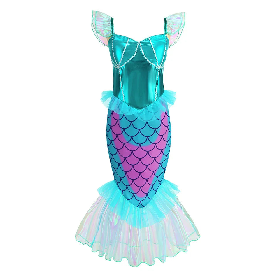 Disney Blue Red Purple Three Colors Mermaid Flying Sleeve Fishtail Beautiful Dress For Girl Summer Beach Party Cool Swimsuit Set - Sun Studio
