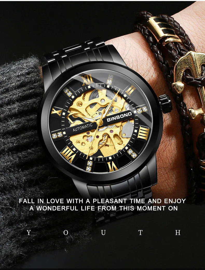 Bindond Mens Automatic Mechanical Watches Top Brand Luxury Stainless Steel Waterproof Hollow Male Wristwatches Relogio Masculino - Sun Studio