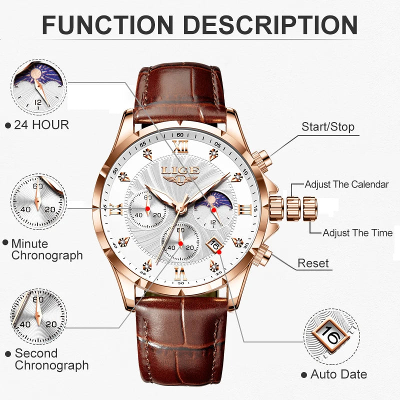 LIGE New Quartz Watches for Men Top Brand Luxury Leather Fashion Military Watch Men Sport Waterproof Chronograph Montre Homme - Sun Studio