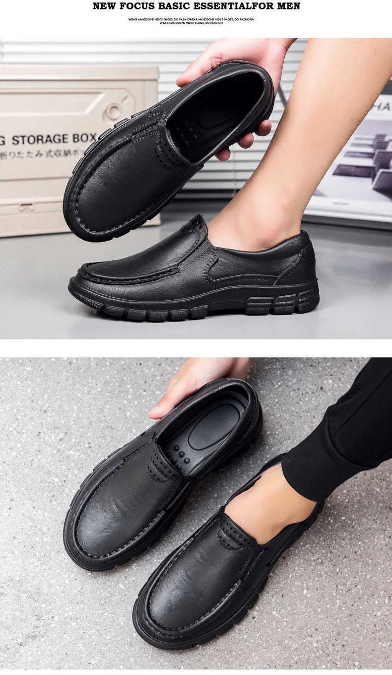 Fashion Leather Men's Casual Shoes Non-slip EVA Chef shoes Men Waterproof Loafers Comfort Soft soled Men Driving shoes Plus Size - Sun Studio