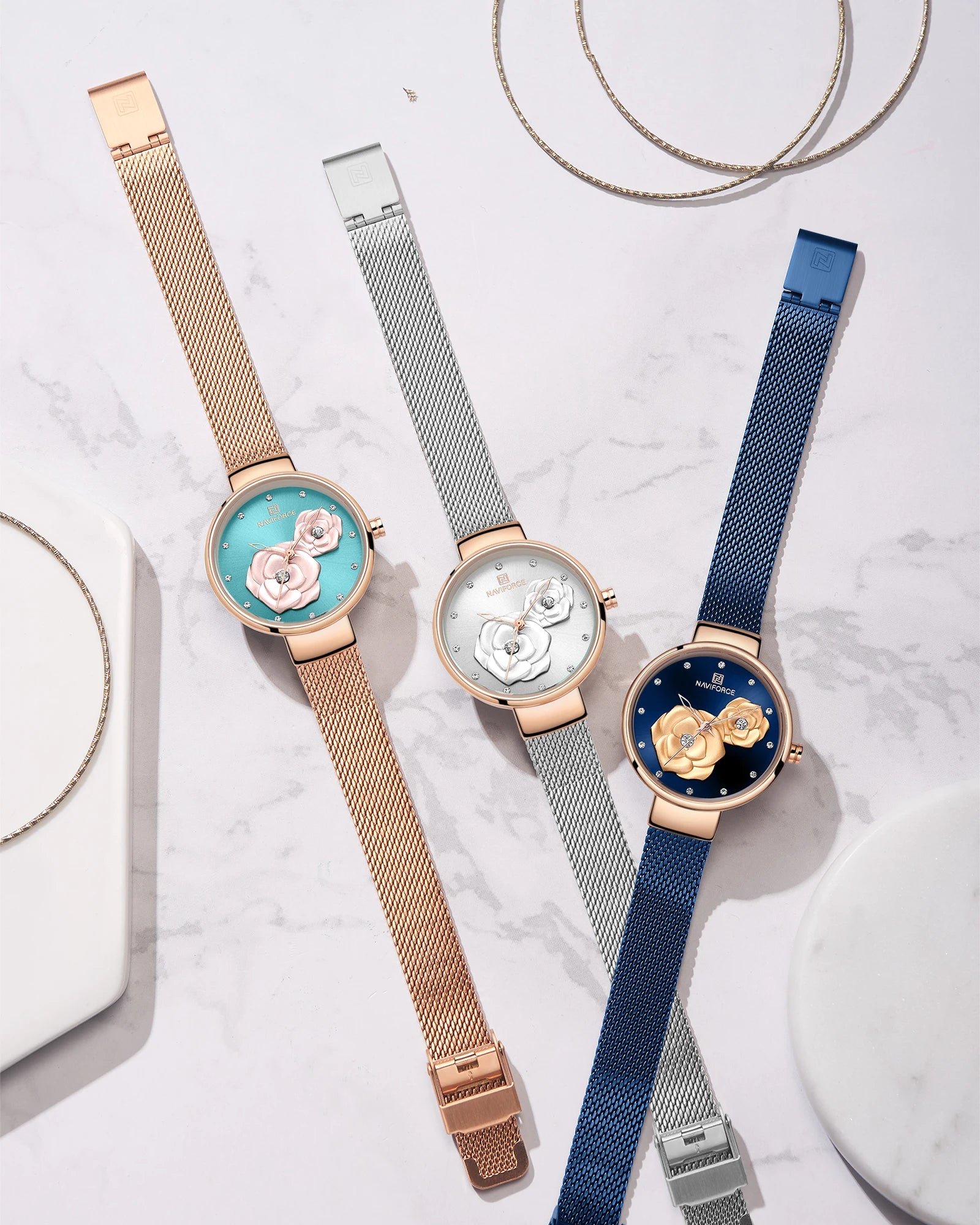 Women Watch NAVIFORCE Top Luxury Brand Steel Mesh Waterproof Ladies Watches Flower Quartz Female Wristwatch Charming Girl Clock - Sun Studio