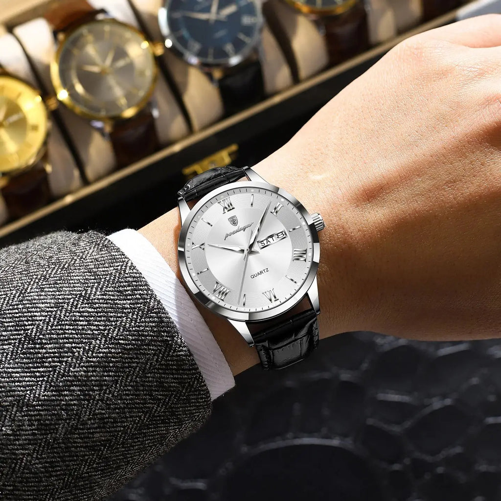 POEDAGAR Classic Luxury Men's Wristwatch Date Week Leather Business Man Watch Waterproof Luminous Fashion Quartz Watches For Men - Sun Studio