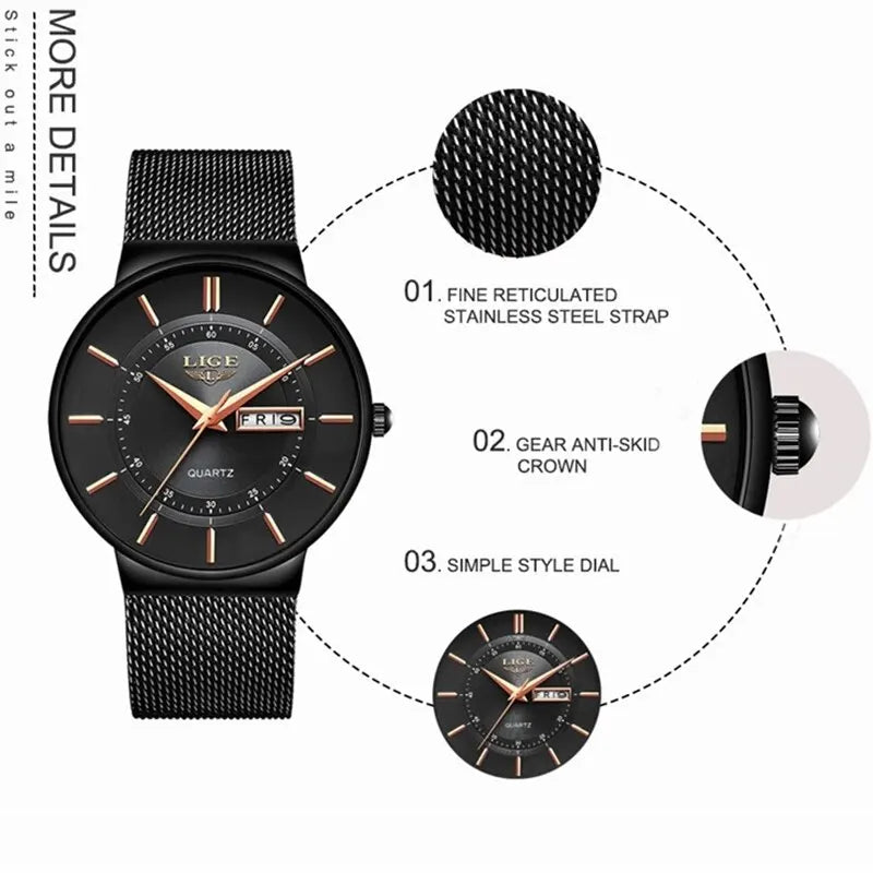 LIGE 2024 Luxury Men Watches Waterproof Ultra Thin Date Clock Male Steel Strap Casual Quartz Watch Men Sports Wrist Watch Man - Sun Studio