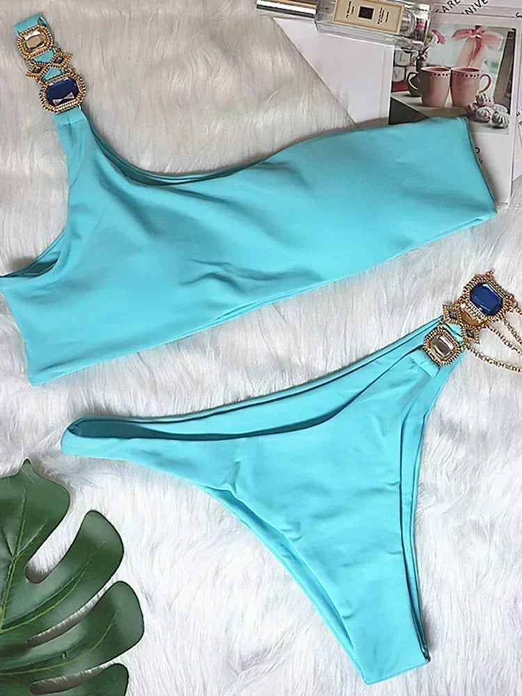 Halter Rhinestone Diamant Bikini Frauen Badeanzug Weibliche Bikinis Metallkette Badebekleidung Zweiteiliges Bikini Set Badeanzug Schwimmen Damen