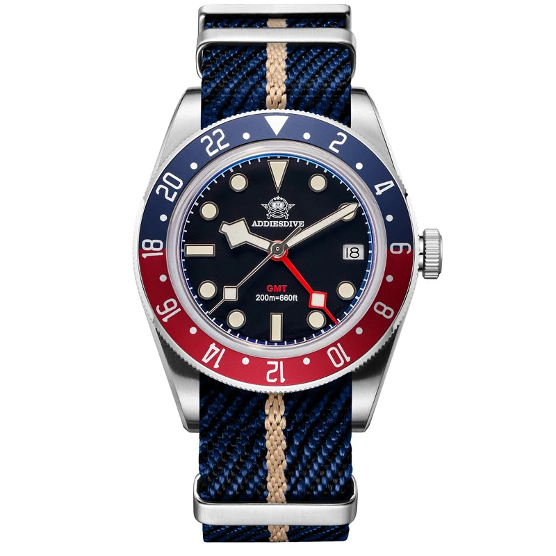 ADDIESDIVE Luxury GMT515-24H Men's Watch Diver 200m Bubble Mirror Glass BGW9 Super Luminous Stainless Steel Men's Analog Watches - Sun Studio