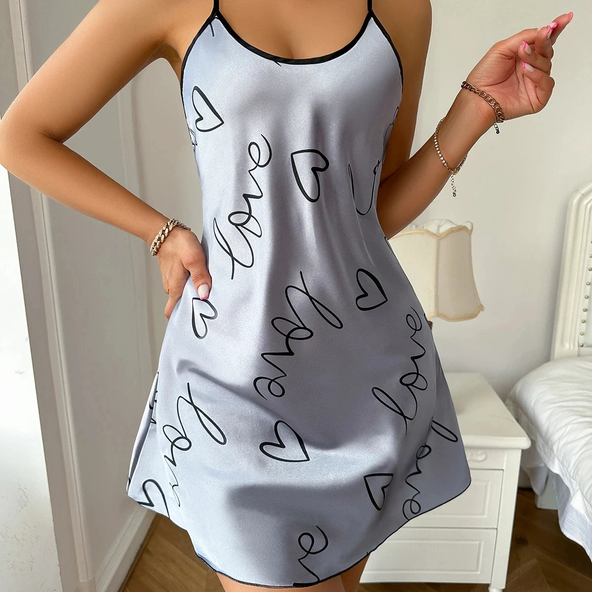 Heart Letter Print Nightdress Casual Round Neck Spaghetti Strap Sleep Dress Women's Sleepwear Dresses - Sun Studio