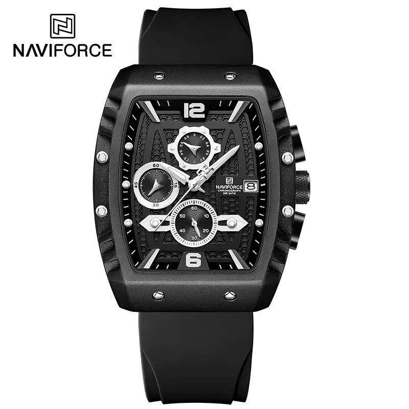 NAVIFORCE Creative Barrel-Shaped Dial Men Watches Fumed Silica Strap Waterproof Quartz Chronograph Date Display Male Wrist Watch - Sun Studio
