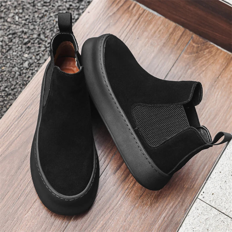 Fashion Brand Men Genuine Leather Mid Top Boots with British Style Autumn Winter Men Anti Slip and Wear-resistant Chelsea Boots - Sun Studio