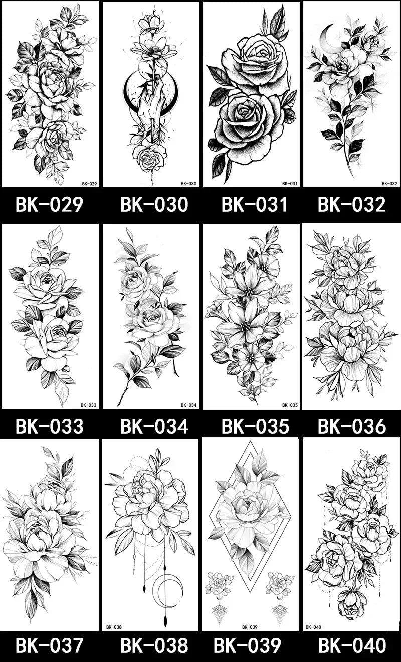 Rose Blossom Tattoo Temporary Waterproof Butterfly Fake Tattoo for Woman Black Flower Sketch Tattoo Sticker - Sun Studio