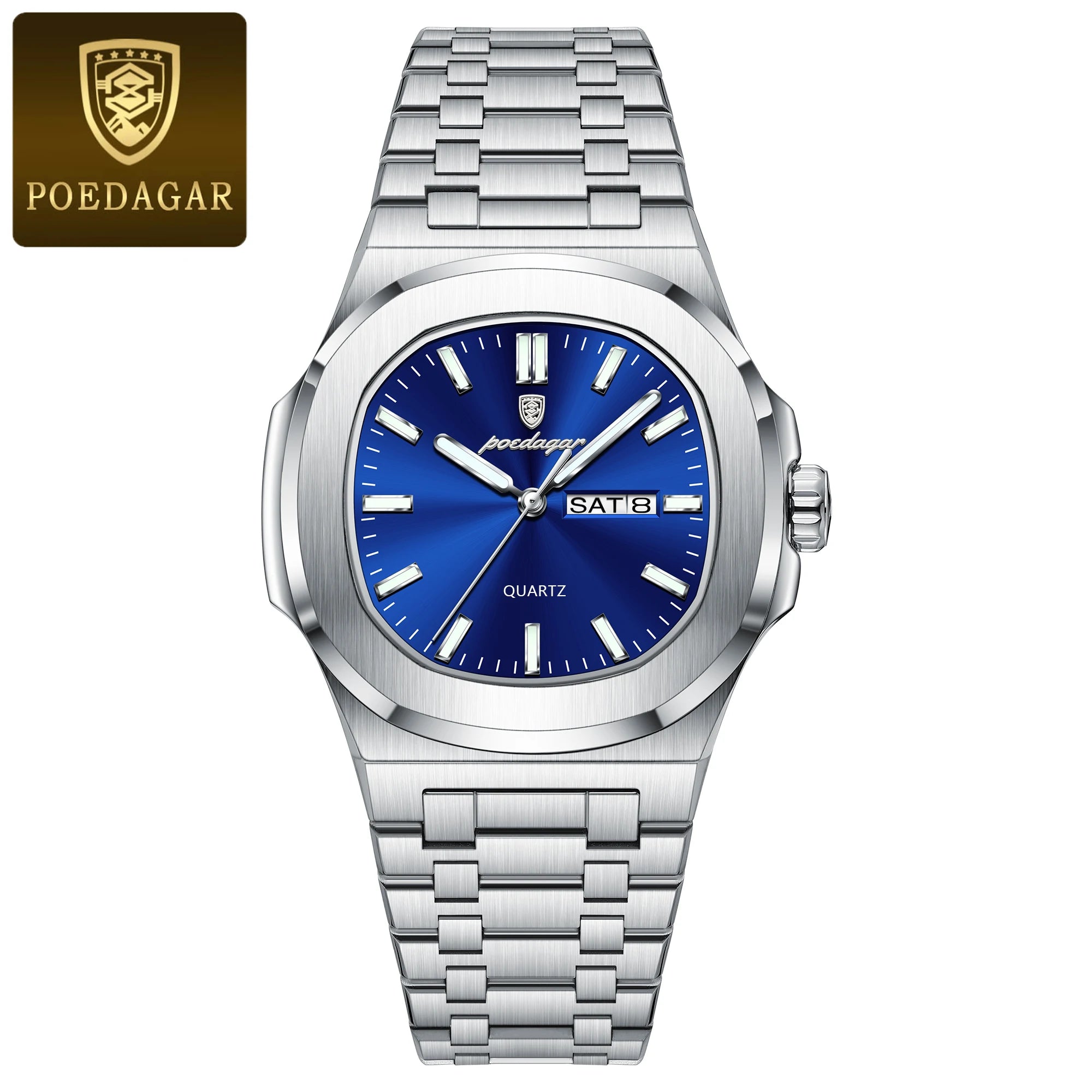 POEDAGAR Luxury Square Men's Watches Waterproof Luminous Date Week Men Watch Stainless Steel Fashion Quartz Man Wristwatch Reloj - Sun Studio