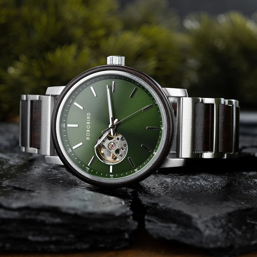 BOBO BIRD New Mechanical Watches for Men Luxury Wood and Stainless Steel Skeleton Customized Automatic Watch relojes mecánicos - Sun Studio