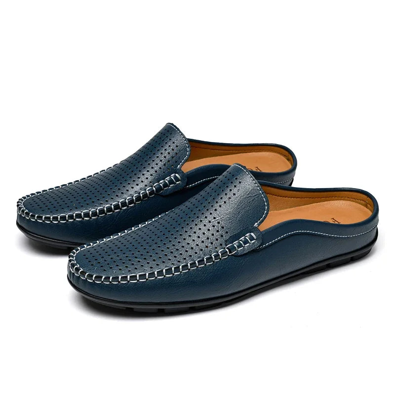 Half Shoes for Men Summer Mens Mules Perforated Leather Slippers Casual Slip-ons Loafers Flats Black Brown - Sun Studio
