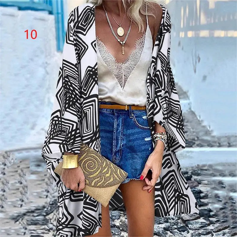 WeHello 2023 Summer Bohemian Casual Cloak Cardigan for Swimsuit woman Beach Swimwear Tops Long Sleeved Shawl Chiffon Shirt - Sun Studio