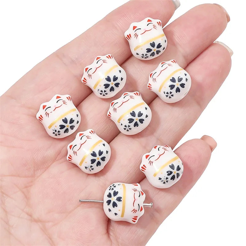 10Pcs 13X14MM Chinese Cute Animal Lucky Cat Vertical Hole Ceramic Beads For Home Decor DIY Accessories Hand-knitted Bracelet - Sun Studio