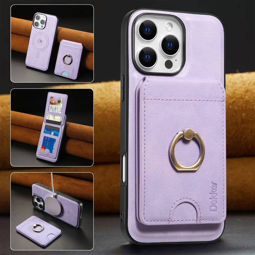 2 in 1 Detachable Vertical Cards Solt Ring Holder Wallet Leather Case For iPhone 16 Pro Max 15 Plus 14 13 12 Magnetic Bag Cover - Sun Studio