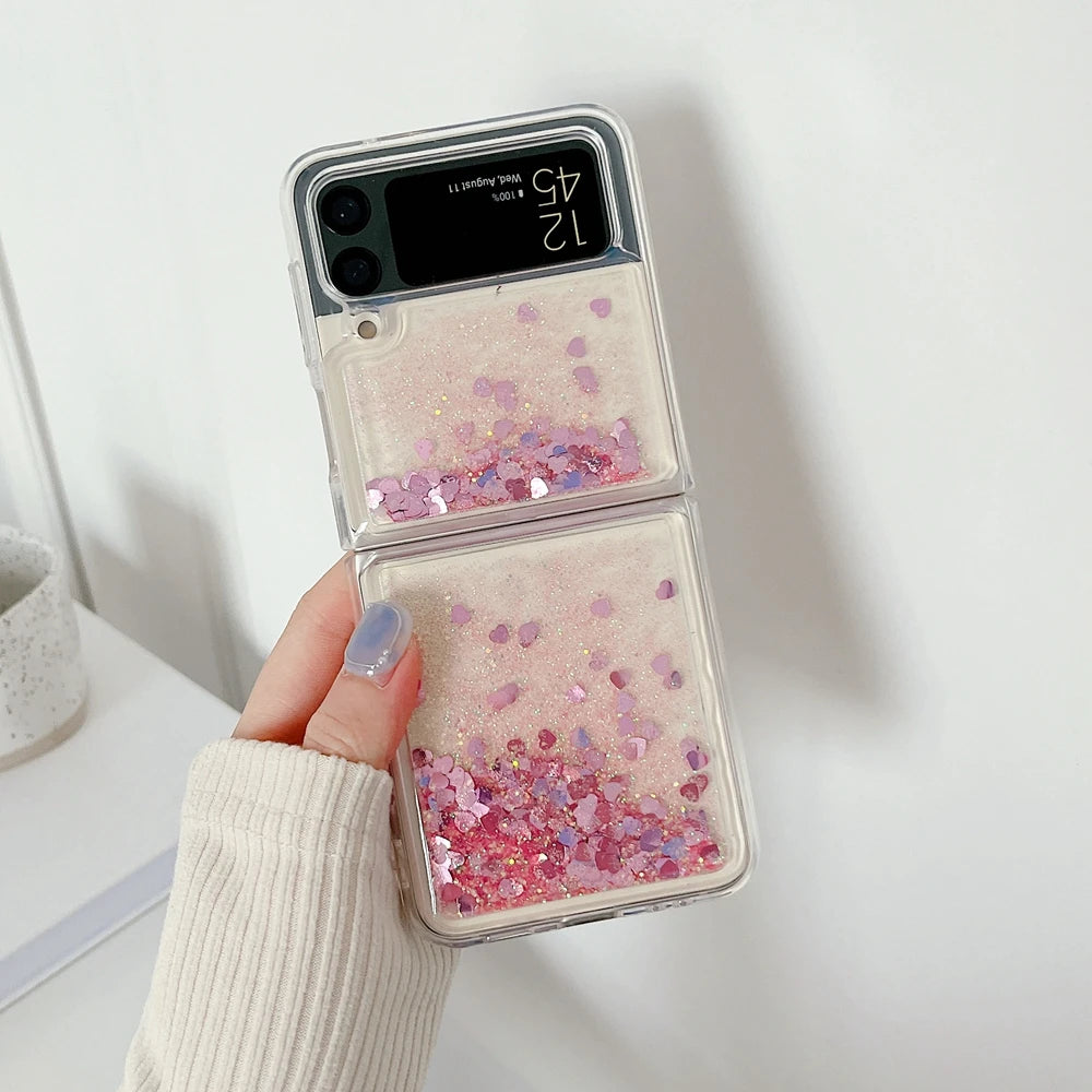 for Samsung Z Flip 7 Luxury Glitter Quicksand Case For Samsung Galaxy Z Flip 7 6 5 4 3 ZFlip 7FE Gradient Love Heart Bling Cover - Sun Studio