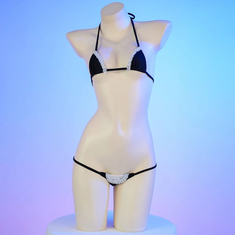 Sexy Maid Cosplay Bikini Leather Bra With Lace Underwear Lingerie Swimsuit Low Waist Bikinis Sets Beach Swimwear - Sun Studio
