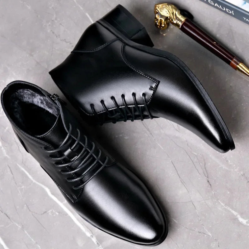 Men's Boots Fashion High-top Casual Boot Pointed Tip Business Leather Boots for Men Plush Warm Winter Boots Lace Up Ankle Botas - Sun Studio