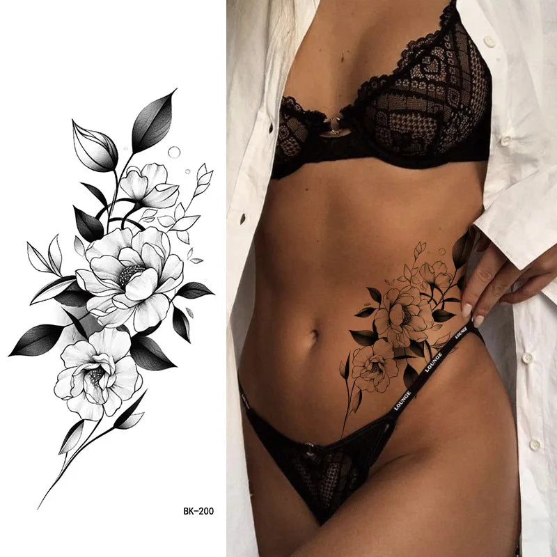 Schwarz Weiß Temporäre Transfer Tattoos Florale Schmetterlinge Schriftzüge Linienkunst Wasserfeste Körperaufkleber für Musikfestival Party