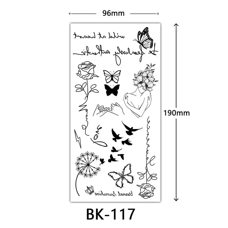 Rosenblüten-Tattoo Temporäres wasserdichtes Schmetterlings-Fake-Tattoo für Frauen Schwarzes Blumen-Skizzen-Tattoo-Aufkleber