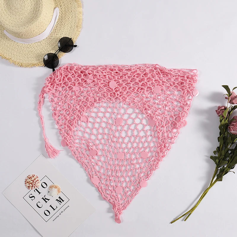 Women's Handmade Crochet Triangle Mesh Shawl With Sequins Sexy Beach Sunscreen Skirt Summer Hollow Out Swimsuit Cover Ups - Sun Studio