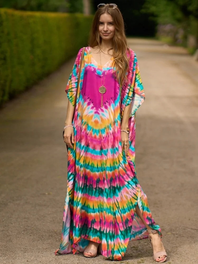 EDOLYNSA Bohemian Printed Women Plus Size vacation kaftan Summer Beach Maxi Dress Beachwear SwimSuit Cover Up beach wear  Q999 - Sun Studio