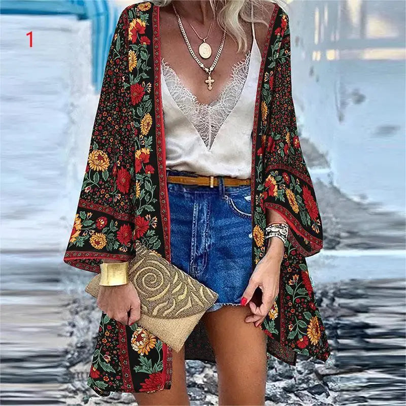 WeHello 2023 Summer Bohemian Casual Cloak Cardigan for Swimsuit woman Beach Swimwear Tops Long Sleeved Shawl Chiffon Shirt - Sun Studio