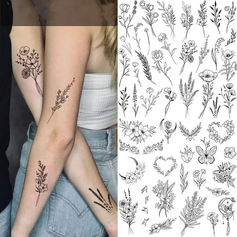 Rose Blossom Tattoo Temporary Waterproof Butterfly Fake Tattoo for Woman Black Flower Sketch Tattoo Sticker - Sun Studio