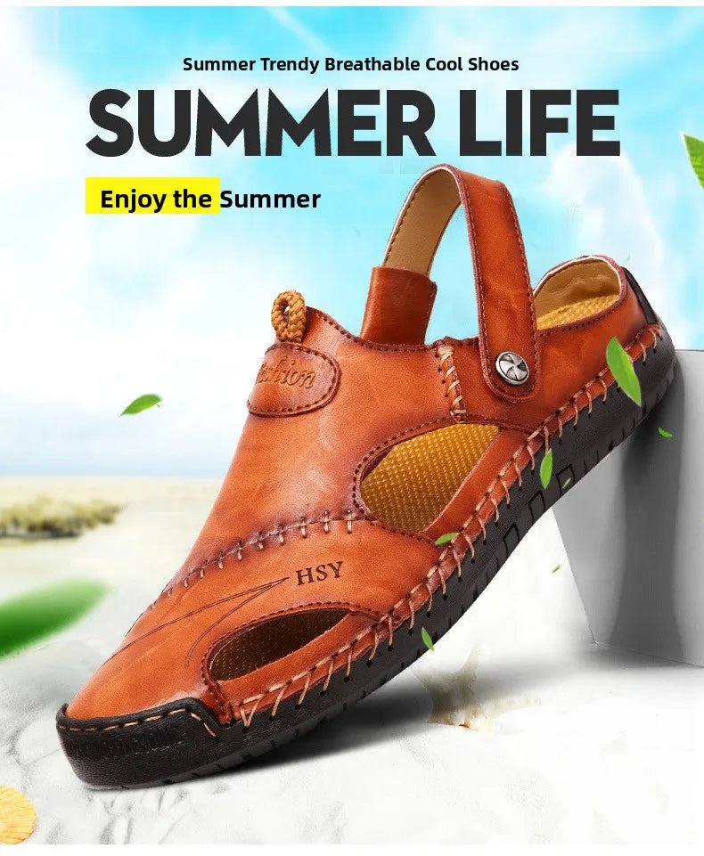 Large Size Men's Sandals Casual Leather Beach Shoes Breathable Slip-On Durable Stitched Construction Comfortable Walking Sandals - Sun Studio