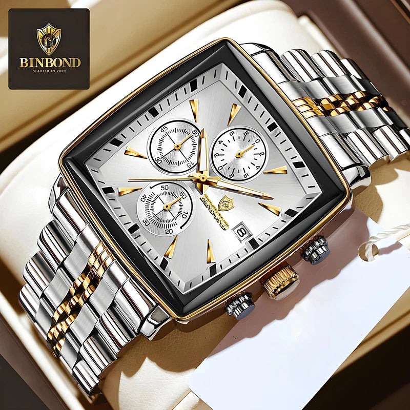 Square Men Chronograph Multifunction Watches Date For Male Clock Quartz Stainless Steel Band Wrist Watches Men Trendy Fashion - Sun Studio