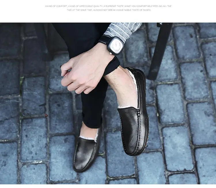 Winter Fur Loafers Men Casual Shoes Cotton Leather Dress Shoes Slip-on Flats Plush Man Moccasins Fleece Lined Driving Shoes - Sun Studio