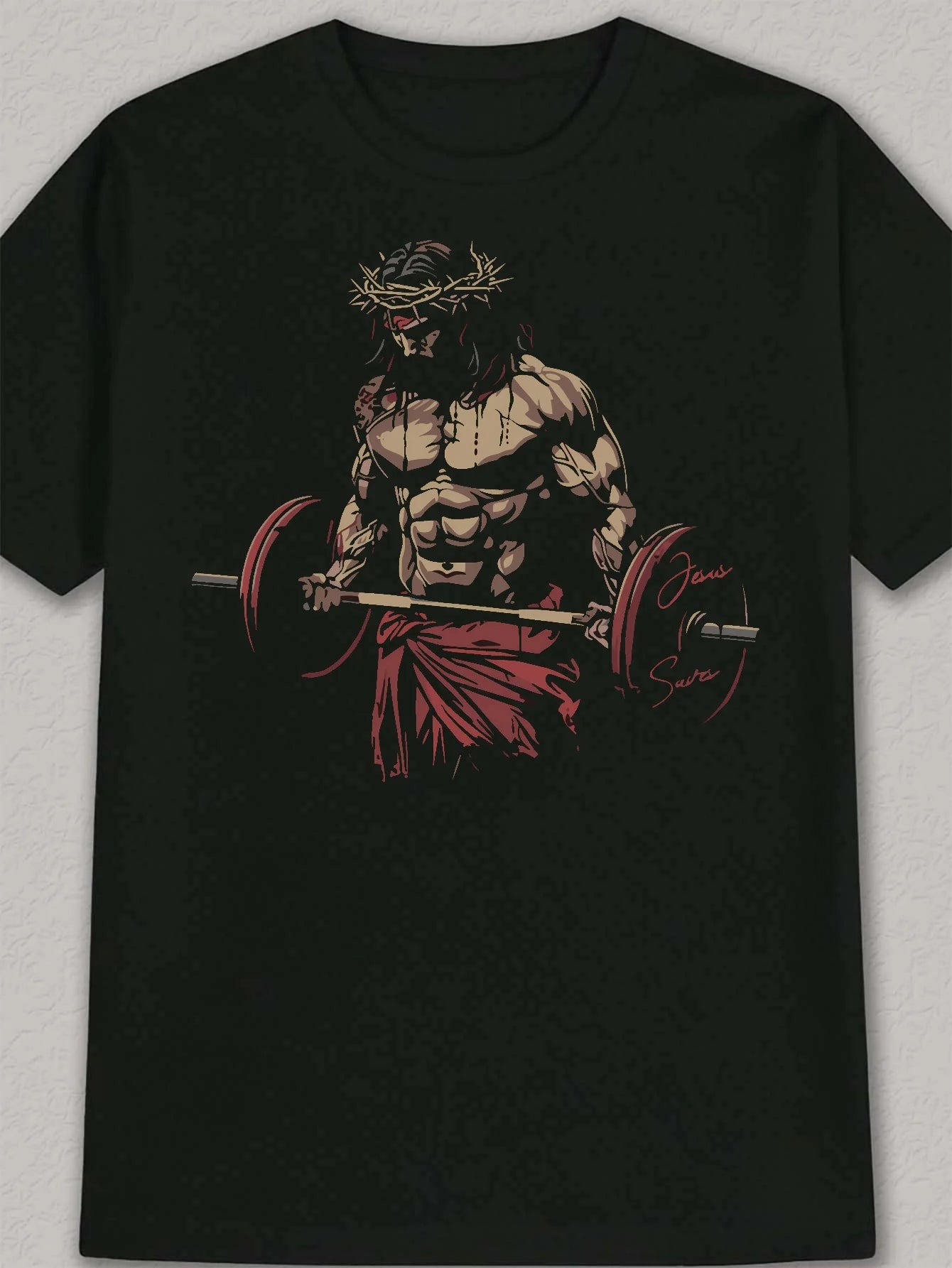 Black Fitness Coach Jesus Christ Weightlifting Art Print Regular Style Fitness & Daily Wear, Fitness Shirt, Artistic Sportswear - Sun Studio