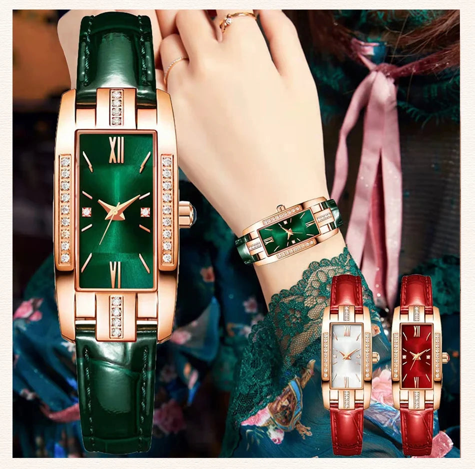 Womens Watches Fashion Square Ladies Quartz Watch Bracelet Set Green Dial Simple Leather Luxury Women Watches - Sun Studio