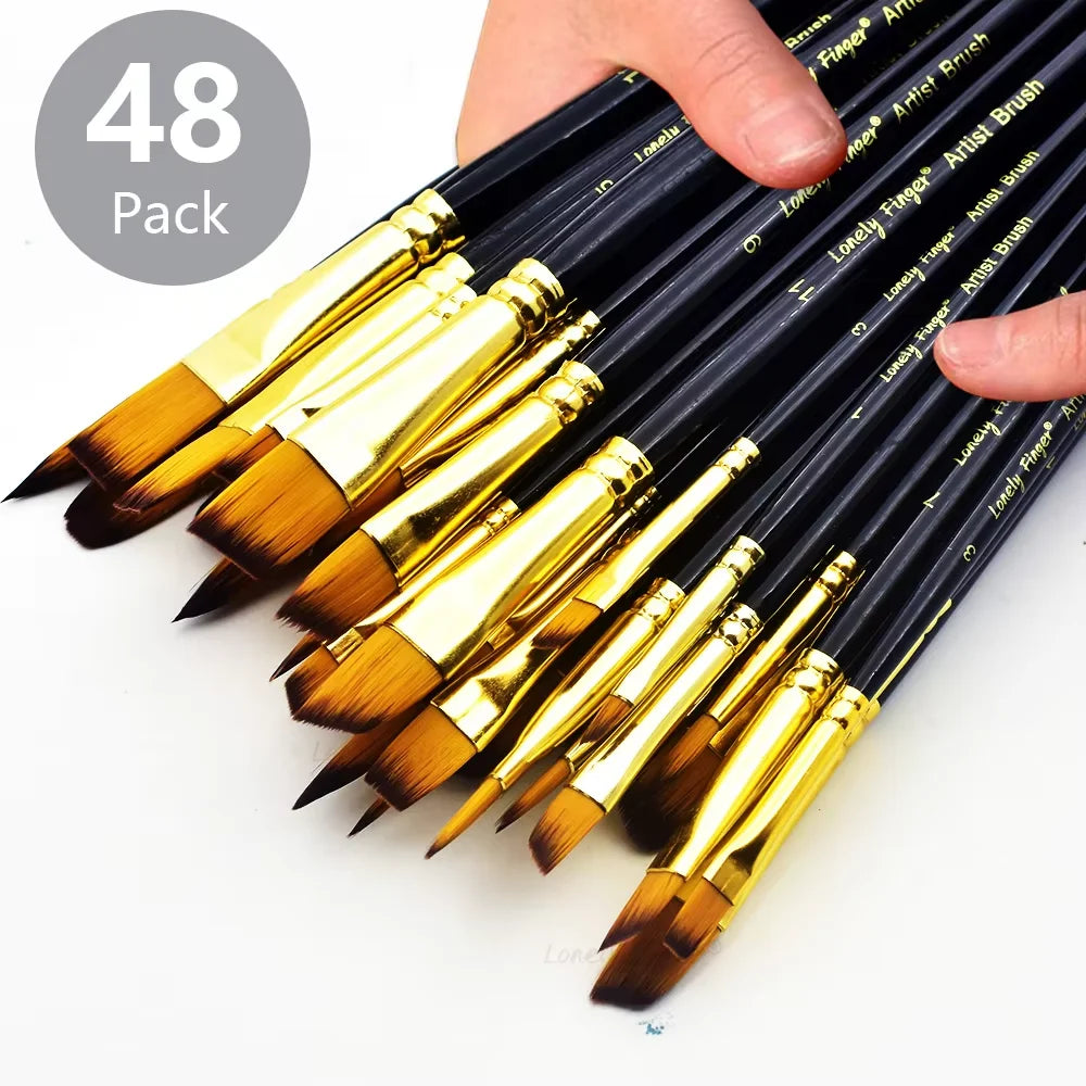 12/48pcs Professional Artist Paint Brush Set Include Round Filbert Flat Angle Fine Detail Brushes Premium Nylon Brush for Paint - Sun Studio