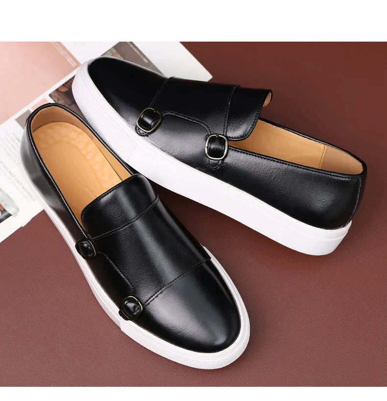 Fashion Man Casual Shoes Leather Men's Retro British Style Loafers Slip-on Outdoor Flats Double Monk Business Daily Shoe - Sun Studio