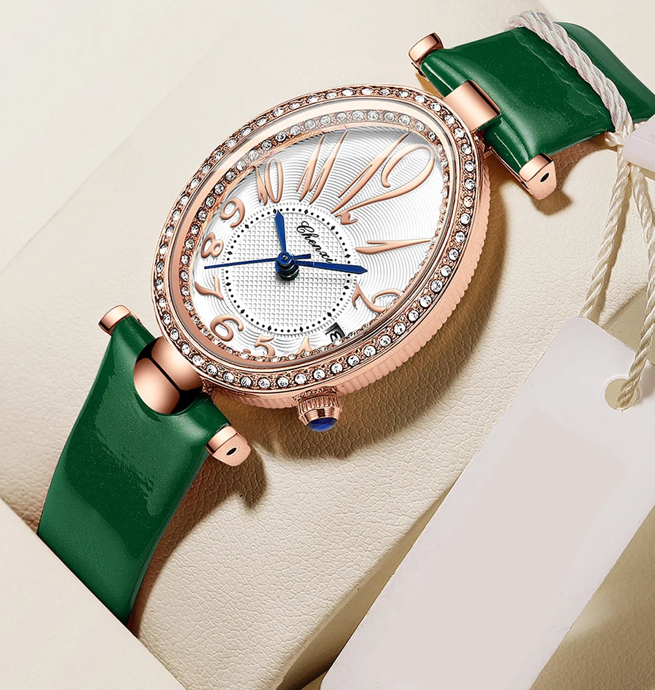 Luxury Watch For Women Diamond Waterproof Quartz Ladies Watches Fashion Elegant Oval Calendar Wristwatche Leather Strap - Sun Studio