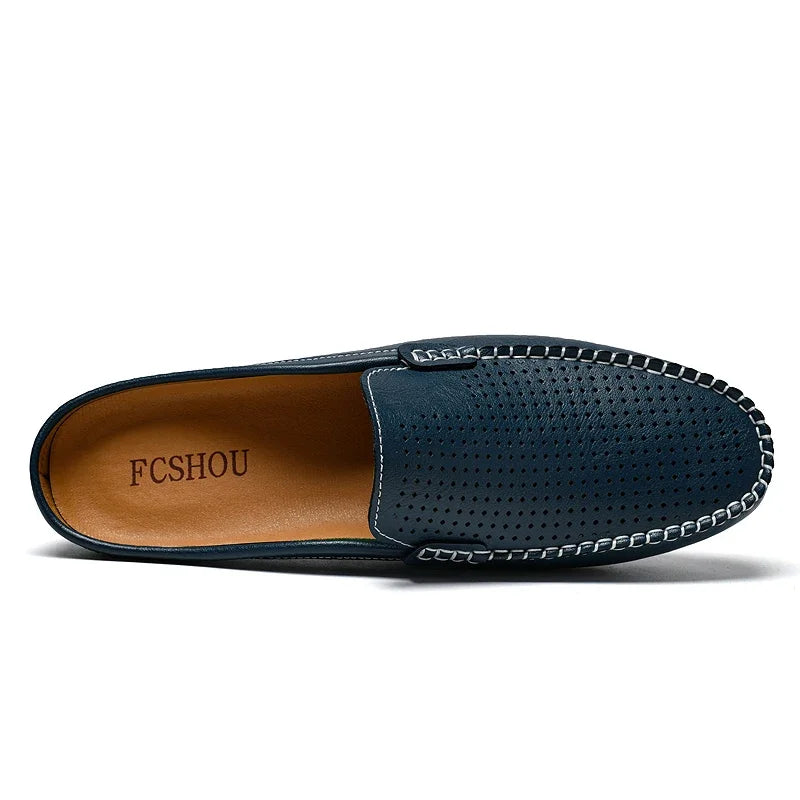 Half Shoes for Men Summer Mens Mules Perforated Leather Slippers Casual Slip-ons Loafers Flats Black Brown - Sun Studio