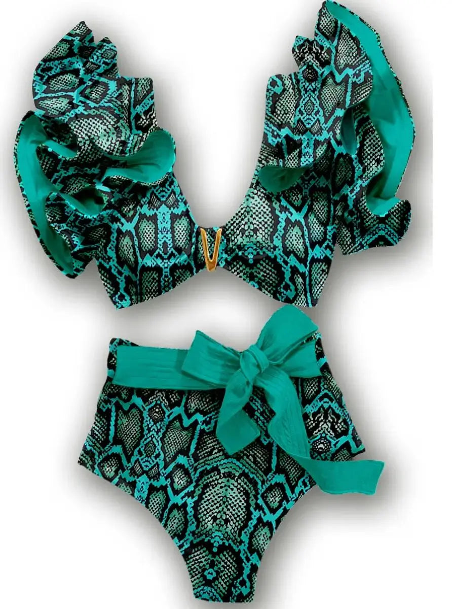Floral Ruffled Hem Bikini Set Women Flora V-Neck High-Waisted Two Piece Swimsuit 2025 Girl Beach Bathing Suit Swimwear Biquinis - Sun Studio