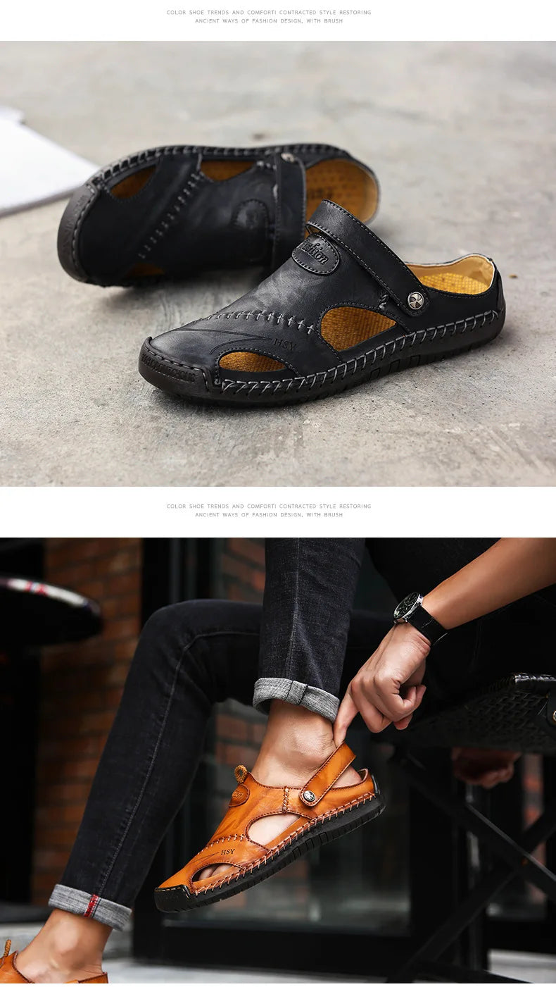 Large Size Men's Sandals Casual Leather Beach Shoes Breathable Slip-On Durable Stitched Construction Comfortable Walking Sandals - Sun Studio