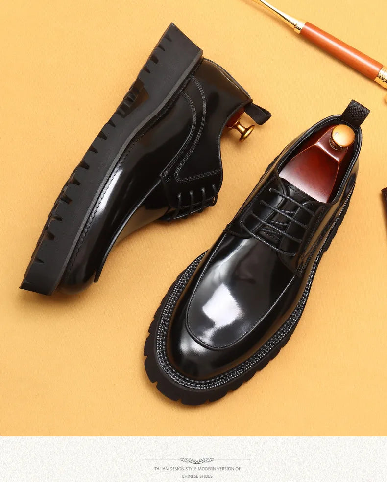 designer men's leather shoes with thick soles round toe glossy leather business dress shoes Waxed cowhide lace up British shoes - Sun Studio